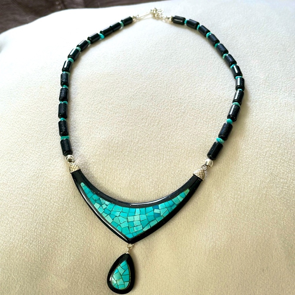 NWT Genuine Jay King Turquoise Inlay Necklace with Black Stone